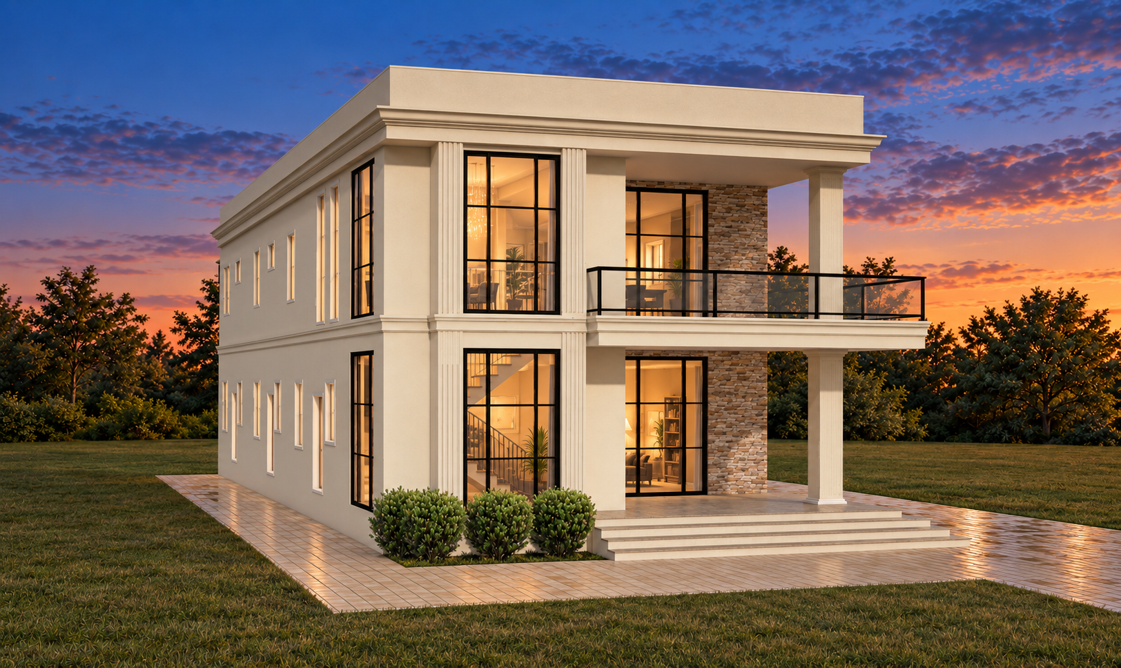 The Belvedere, Plan 2010 — two-storey residence with three ground-floor rental apartments, shown at dusk