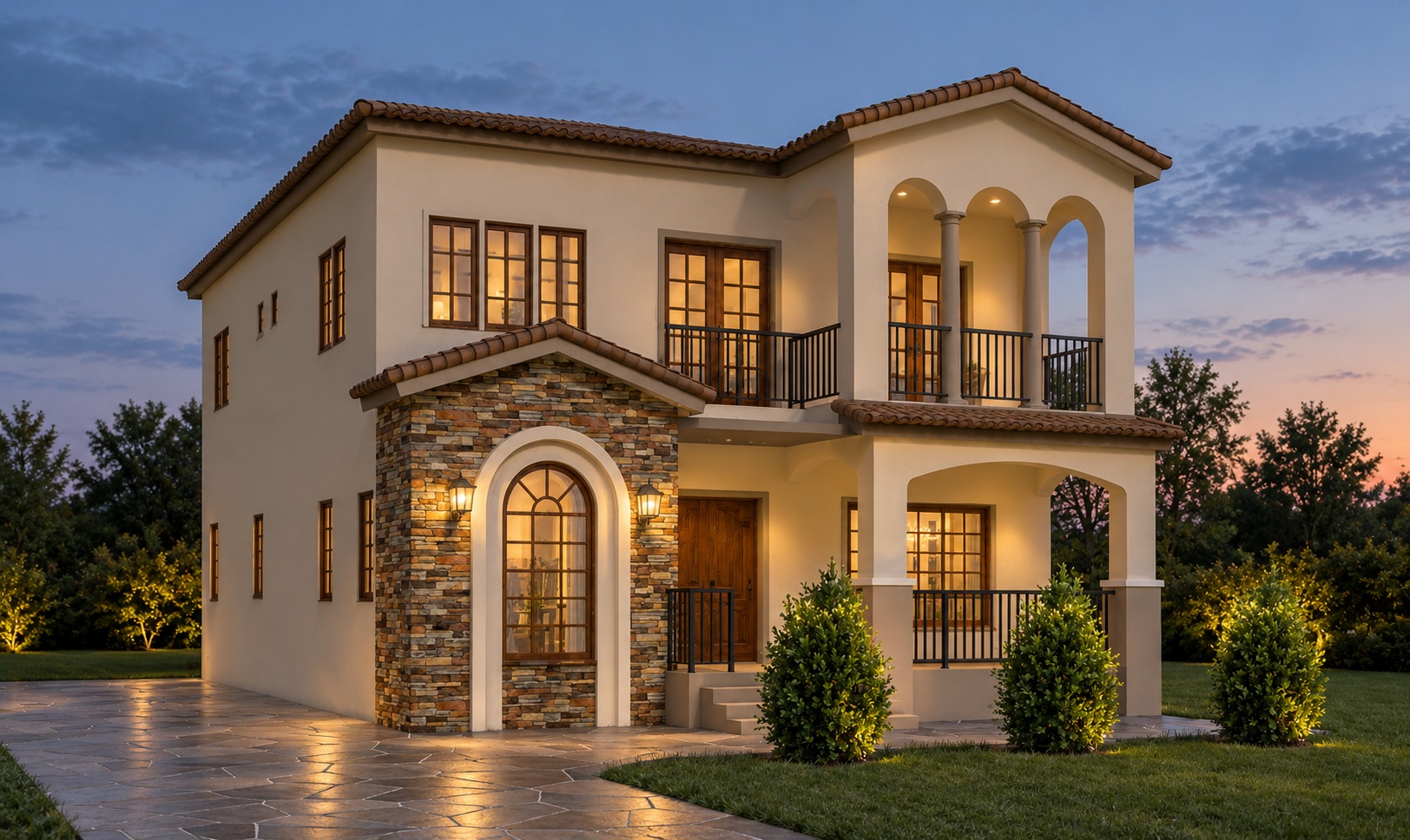 The Bellavista, Plan PD2028 — a two-storey Mediterranean-style residence with arched balconies, a tiled roof and a stone-accented entrance, shown at dusk.